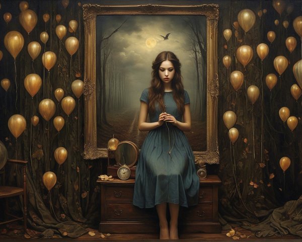 Young Woman in Blue Dress Surrounded by Ethereal Decor