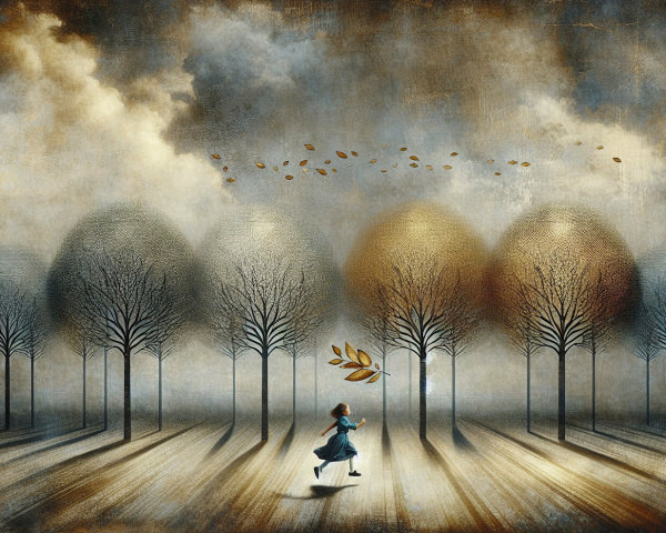 Whimsical Girl in Enchanted Forest with Colorful Trees