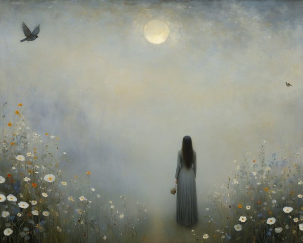 Lone Figure in Gray Dress Among Colorful Wildflowers