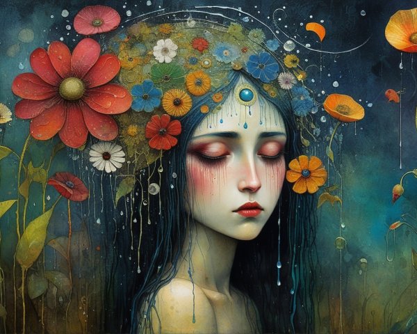 Surreal Portrait of Woman with Blue Hair and Flowers