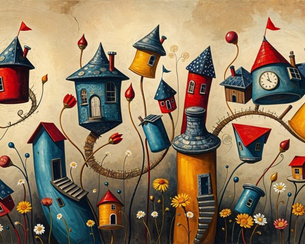 Whimsical Landscape with Oversized Colorful Houses