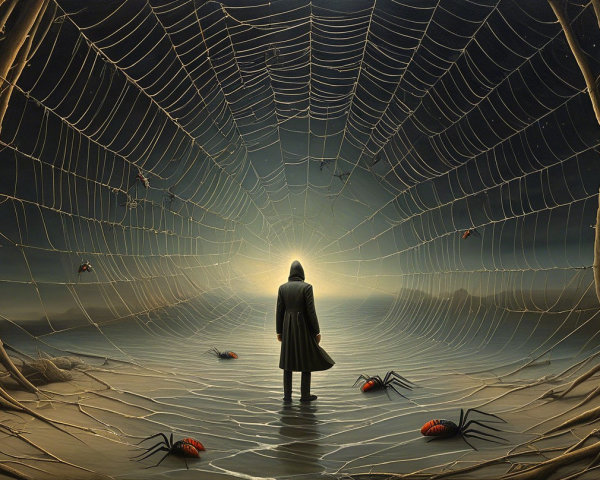 Figure in a Spider Web Surrounded by Trees and Light