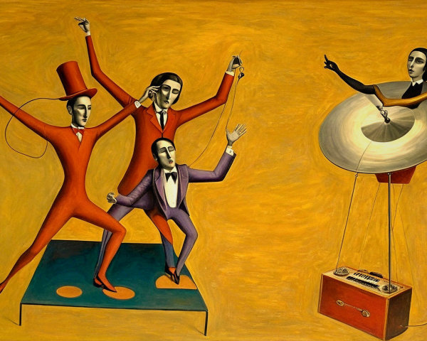 Whimsical Figures in Exaggerated Poses on Yellow Background