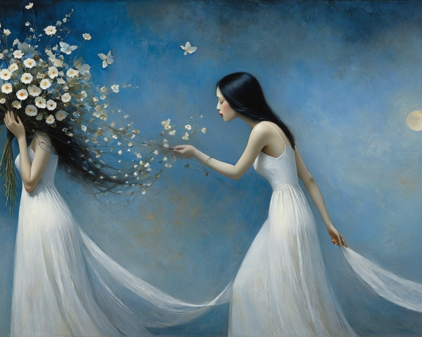 Ethereal Figures in White Dresses with Moonlit Background