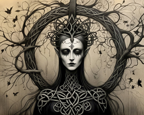 Ethereal Figure Surrounded by Branches and Vines