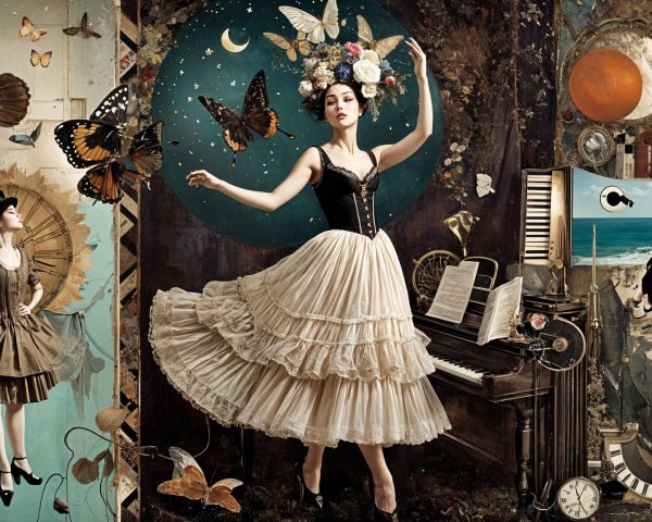 Surreal Fashion Fantasy with Butterflies and Celestial Motifs