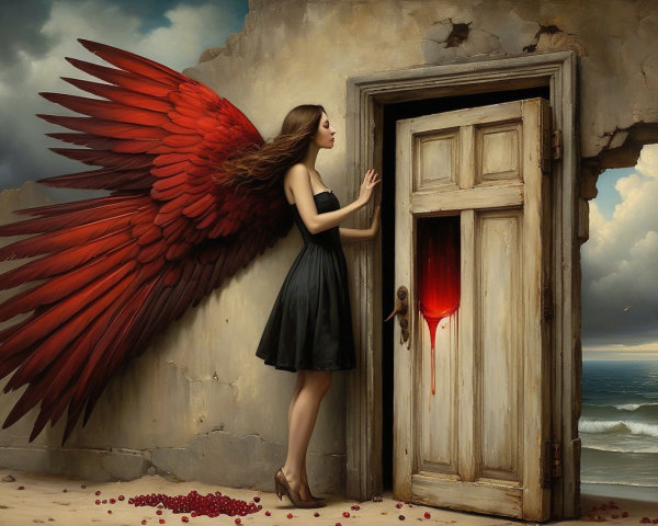 Woman with Red Wings by an Old Door in Surreal Setting