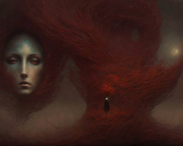Surreal Landscape with Towering Red Tendril Figure