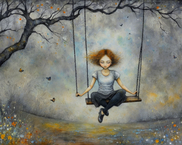 Girl on Swing in Serene Landscape with Butterflies