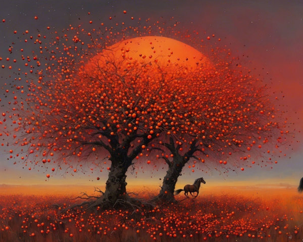 Surreal Landscape with Vibrant Trees and Sunset