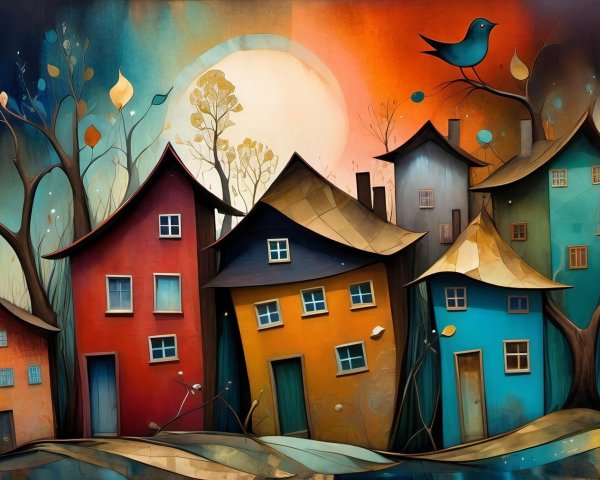 Whimsical Oil Painting of a Colorful Village Scene