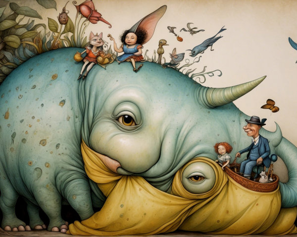 Whimsical Illustration of a Blue Creature with Horn