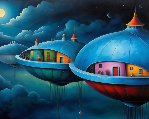 Surreal Floating Domes with Whimsical Interiors