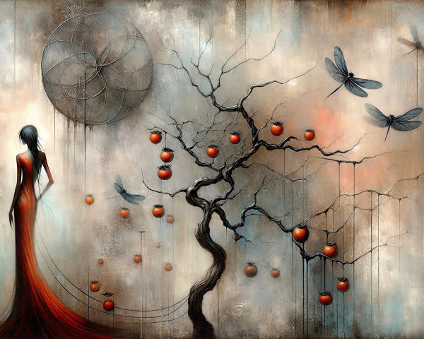 Vibrant Digital Painting of Woman by Dark Tree