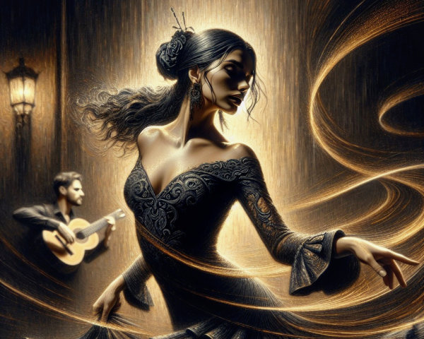 Flamenco Dancer in Elegant Black Gown with Guitarist