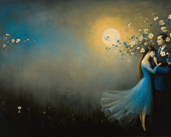 Three Figures in Twilight with Moonlit Background