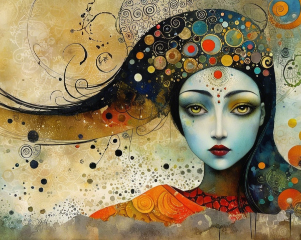 Stylized Portrait of a Serene Woman with Patterns