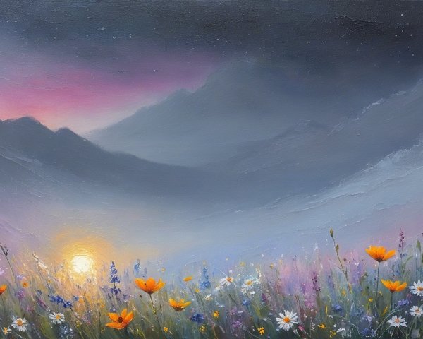 Pastel Sunset Over Wildflowers and Misty Mountains