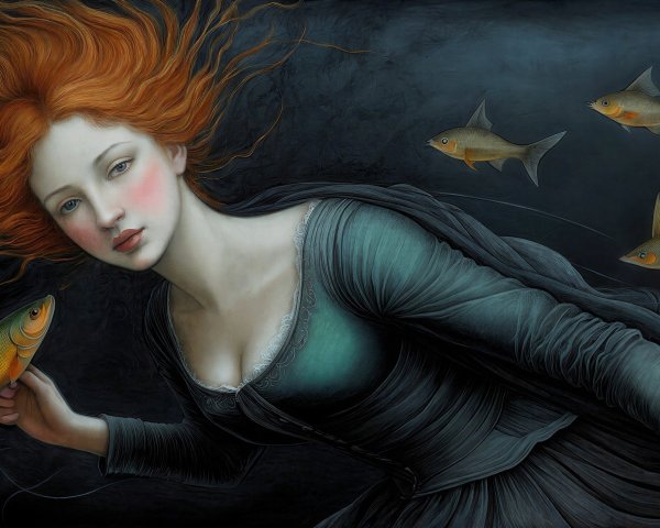 Young Woman with Red Hair and Fish in Dark Scene