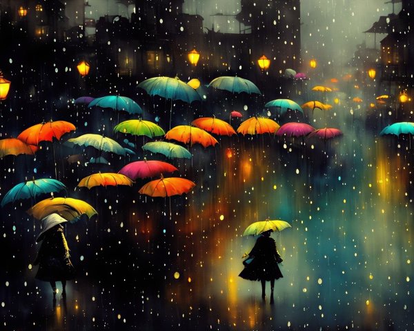 Colorful Umbrellas and Street Lamps in Rainy Scene