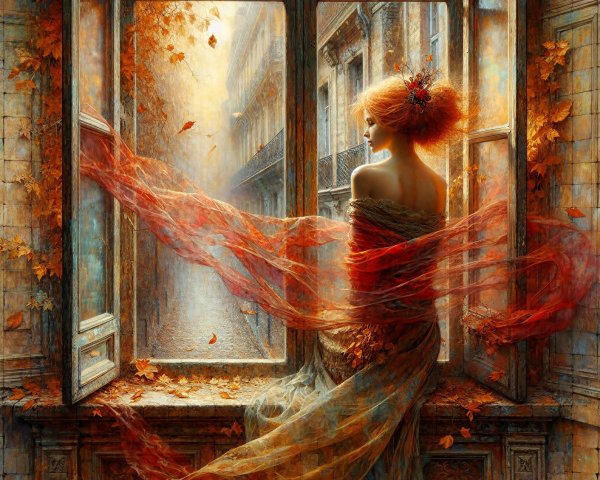 Dreamy Scene of Woman with Red Hair by Open Window