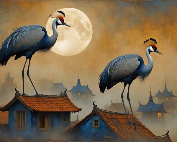 Cranes on Rooftops Under Moonlit Pagoda Landscape