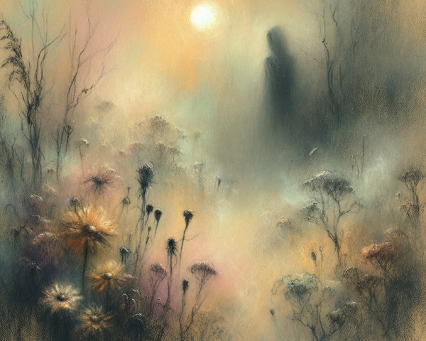 Dreamy Landscape with Mist and Delicate Flowers