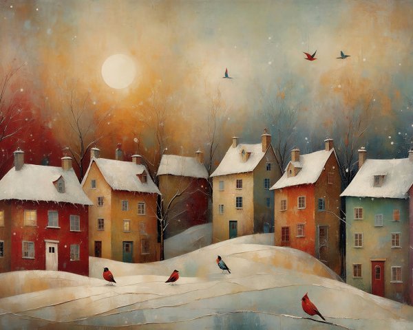 Whimsical Snow Scene with Colorful Houses and Birds
