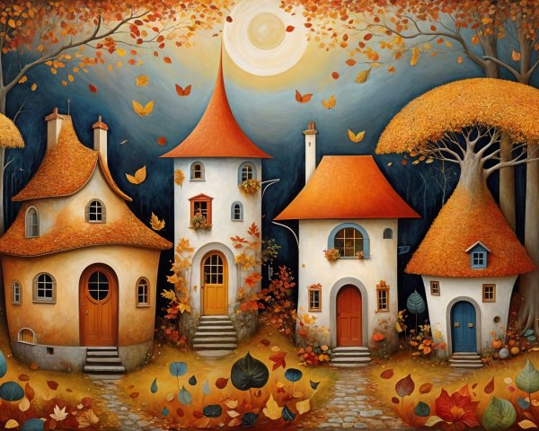 Whimsical Autumn Scene with Charming Houses and Moonlight