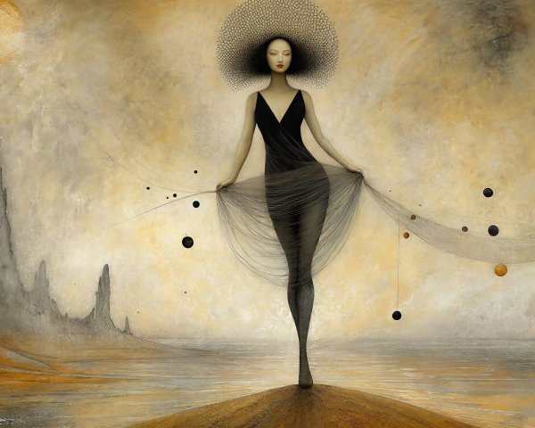 Ethereal Figure in Black on Dreamlike Sandy Landscape