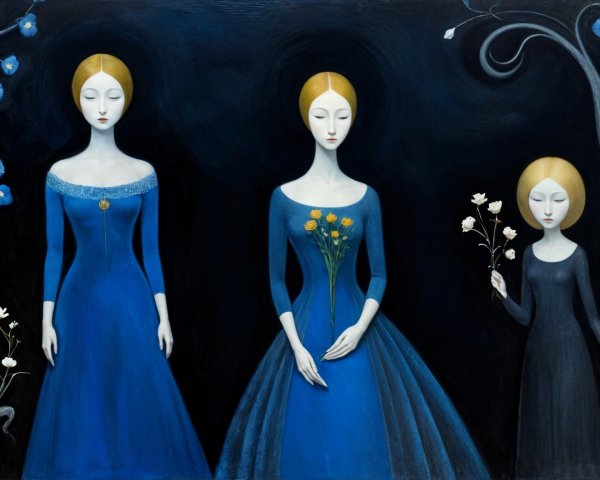 Elegant Figures in Vibrant Gowns with Floral Motifs
