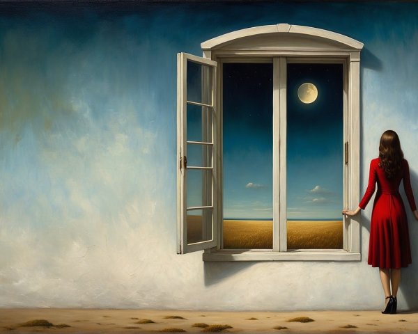 Woman in Red Dress by Moonlit Window with Landscape
