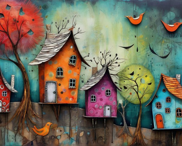 Colorful Abstract Houses in Whimsical Landscape Scene