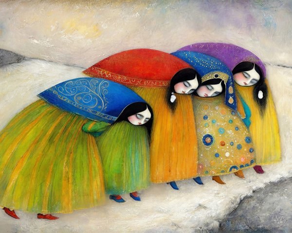 Dreamlike Naive Art Scene with Four Women in Dresses