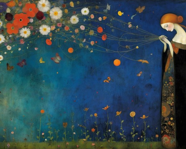 Dreamy Landscape with Woman and Colorful Flowers