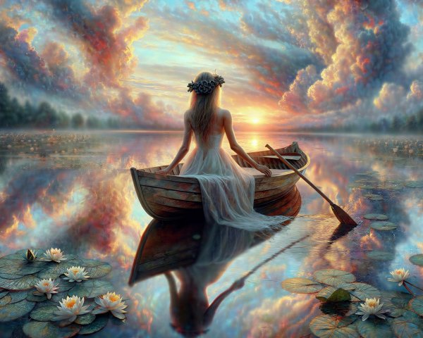 Woman in White Dress on Tranquil Lake at Sunset