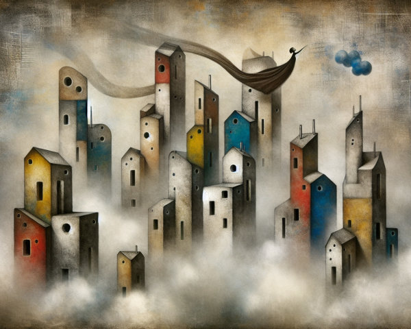 Whimsical cityscape with abstract buildings in fog