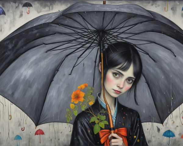 Melancholic girl with umbrella in colorful backdrop