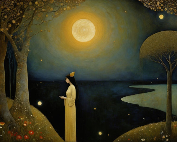 Tranquil Scene of Figure by Serene Water's Edge