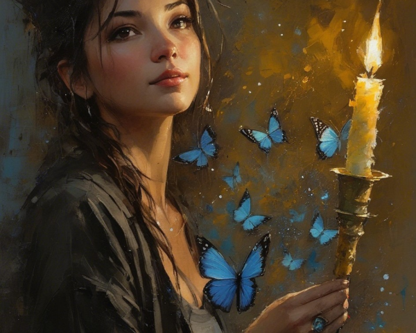 Portrait of a Young Woman with Candle and Butterflies