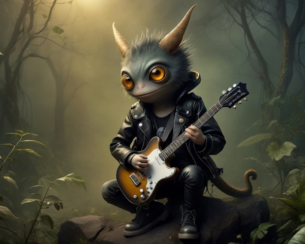 Quirky Creature Playing Guitar in Mystical Forest