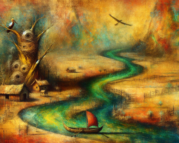 Whimsical Landscape with River and Quaint Houses