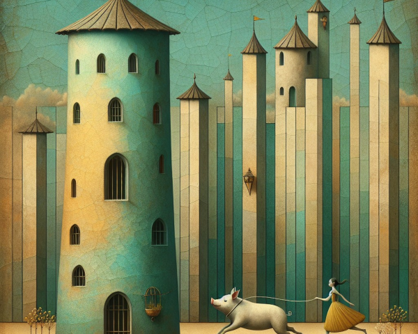 Whimsical Scene with Turquoise Tower and Striped Buildings