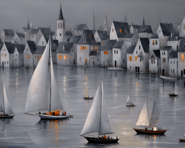 Serene harbor scene with sailboats and quaint houses