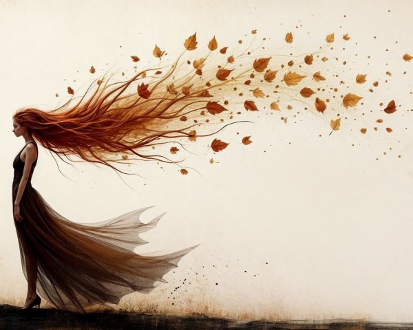 Mystical Woman with Autumn Leaves and Elegant Dress