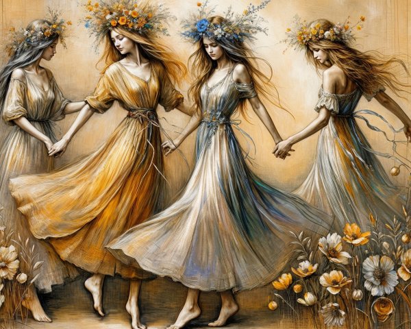 Whimsical Dance of Ethereal Women in Floral Crowns
