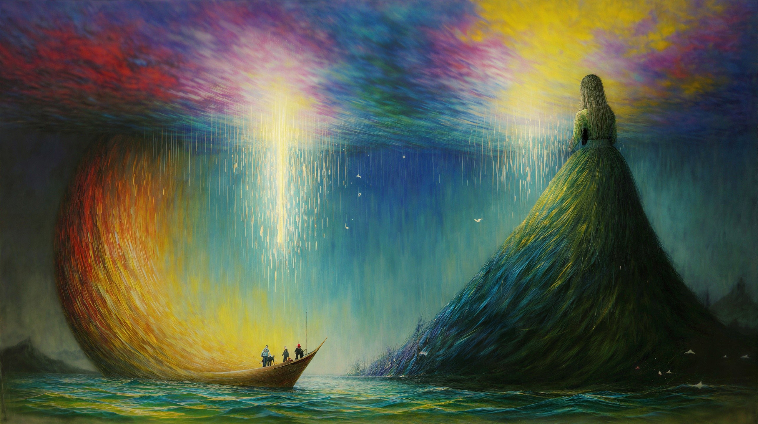 Surreal Landscape with Sea, Boat, and Ethereal Figure