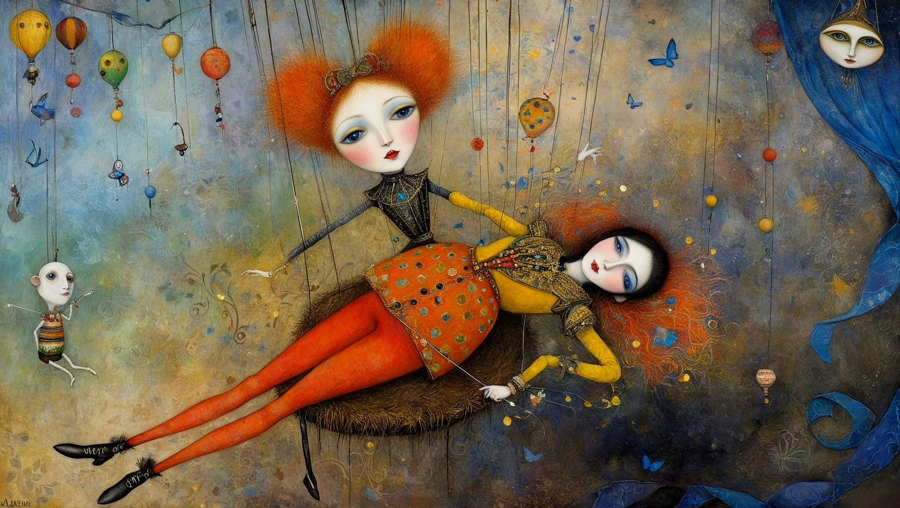 Marionette Dolls Intertwined with Flying Figures Background