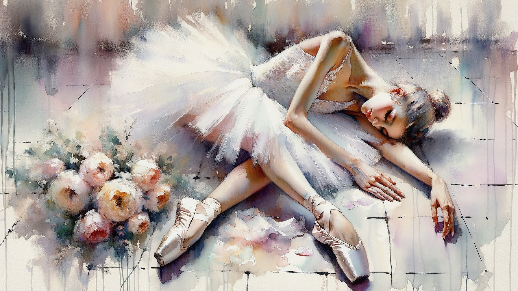 Ballerina in White Tutu Surrounded by Roses