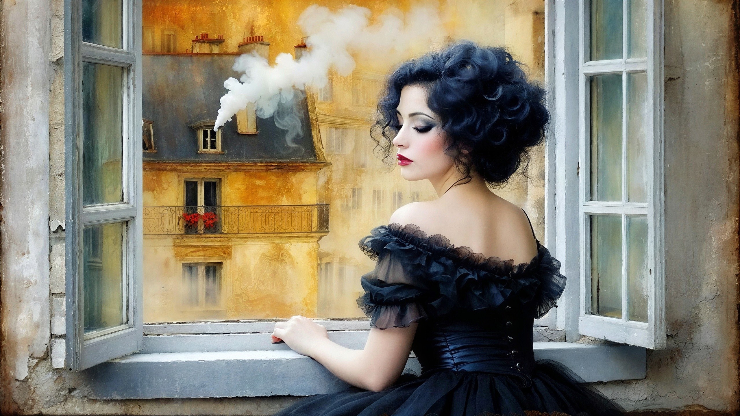 Young woman in black gown gazes from open window